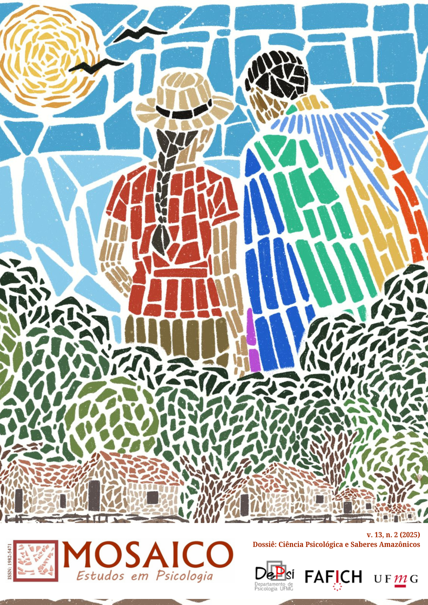 Desenho colorido em mosaico. Sob um céu azul com pássaros voando, duas pessoas estão de costas, lado a lado. Uma delas está usando uma trança e um chapéu; a outra pessoas está usando uma capa da bandeira LGBTQIAPN+. Abaixo delas, diversas casas de palafita estão em meio a grandes árvores frondosas. No canto inferior da imagem, as informações da Revista Mosaico: Estudos em Psicologia, informando ser esta edição o volume 13 e número 2, do ano de 2025, intitulado "Dossiê: Ciência Psicológica e Saberes Amazônicos". A Revista pertence ao Departamento de Psicologia da UFMG, localizado na Faculdade de Filosofia e Ciências Humanas.