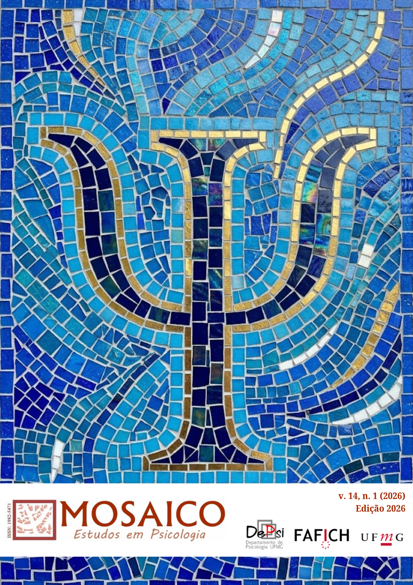 Capa da Revista Mosaico, volume 14, número 1, de 2026. A capa é um mosaico em diferentes tons de azul, com um destaque para o símbolo da psicologia no centro, sendo contornado por pedras douradas. No canto inferior da imagem, as informações da Revista Mosaico: Estudos em Psicologia, informando ser esta edição o volume 14 e número 1, do ano de 2026, intitulado "Edição 2026". A Revista pertence ao Departamento de Psicologia da UFMG, localizado na Faculdade de Filosofia e Ciências Humanas.